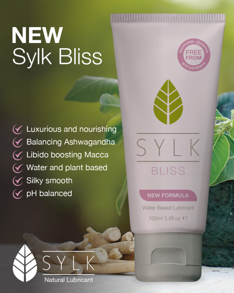 NEW SYLK BLISS tube on green background with description: luxurious and nourishing, balancing ashwaghanda, libido boosting maca, water and plant based, silky smooth and pH balanced.