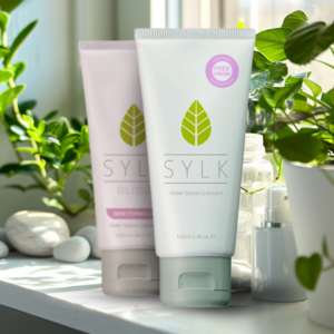 SYLK bottles on bathroom shelf